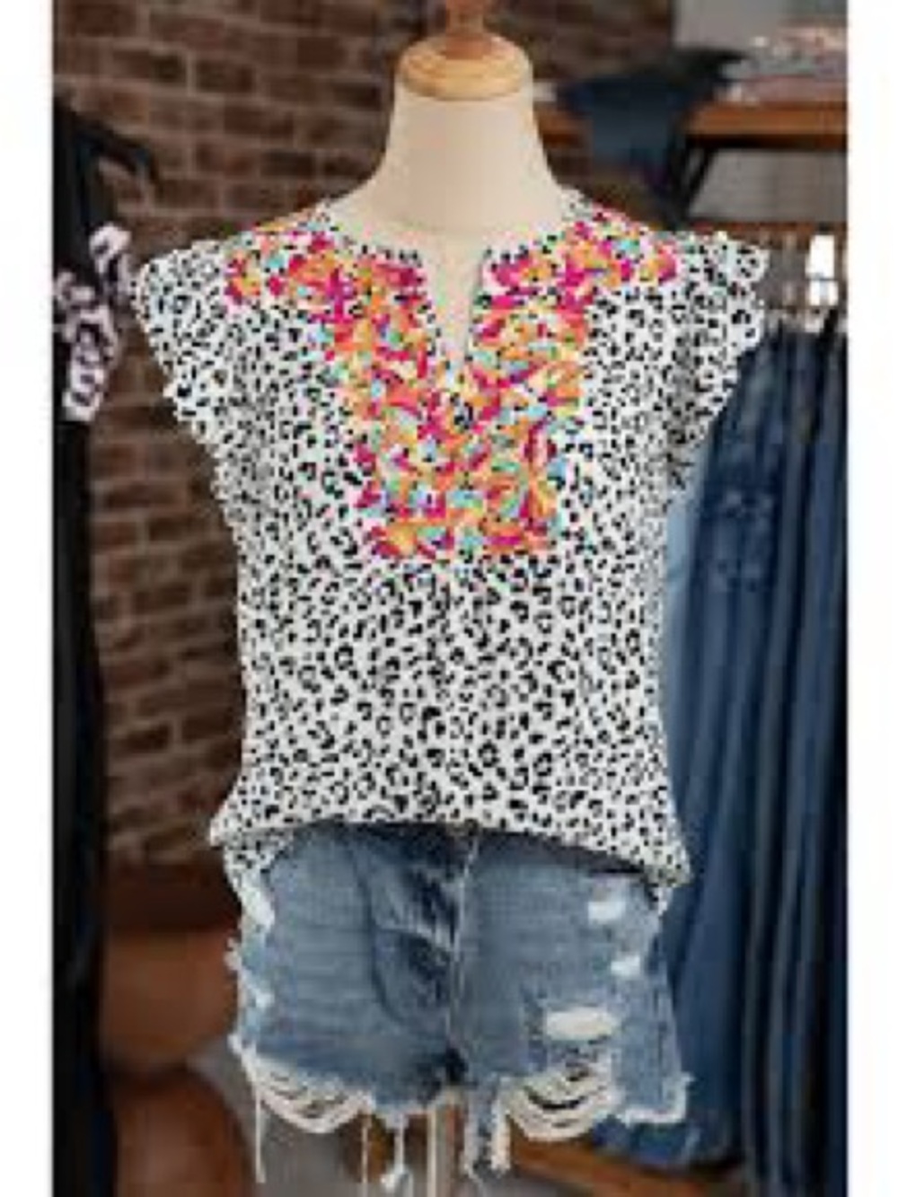 White Leopard Print Top with Multicolor Embroidered Yoke